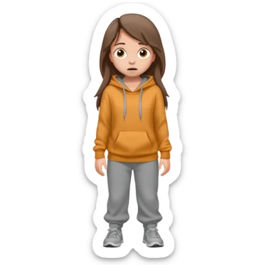 Chica grande  asustada de cuerpo completo mirado a la izquierda con pelo castaño largo y piel blanca  pantalones baggy  grises y hoodie gris  sticker