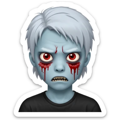 Create a 3D emoji-style avatar with very pale blue-grey zombie skin like the reference image, a young Asian face, and large eyes with blood tears. Give it white mullet-style hair, silver hoop earrings, and a simple black T-shirt. The expression should be slightly angry and has vampire teeth sticker