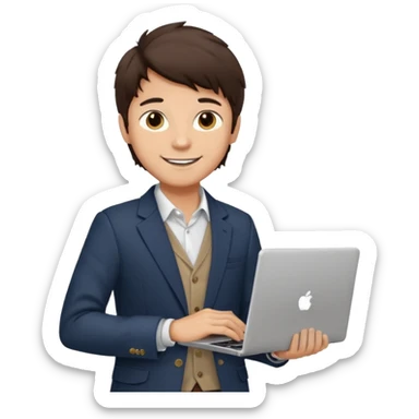 a light tan boy with messy dark brown hair. Wearing a blazer and carrying a lapotop. watch on wrist sticker