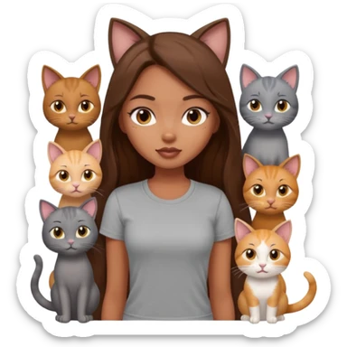 a pretty bratz dusky girl with long brown hair with six cats nd wearing a grey tshirt sticker