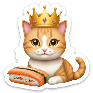 princess cat eating sushi, big eyes, eating sushi roll, simple crown, emoji style sticker