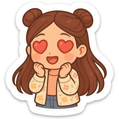 Create a chibi sticker of the girl from the reference image. She has brown straight hair styled in double buns, brown eyes, wearing a pastel floral cardigan and jeans. The expression is in love with heart eyes. The sticker should have a white outline and a transparent background, sized 512x512px. sticker