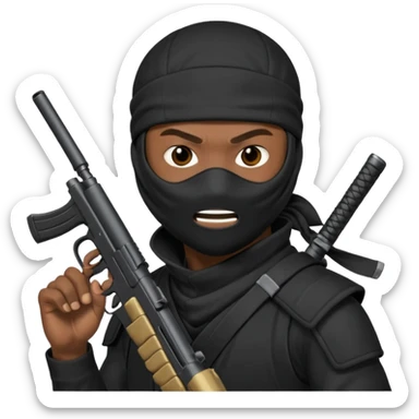 A black male in a ninja mask with a gun sticker