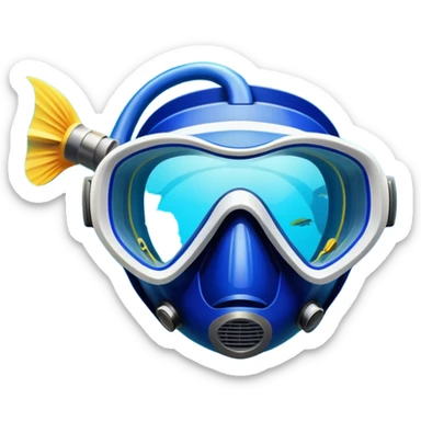 An icon featuring a close-up of a diving mask, snorkel, and fins floating on the surface of vibrant blue water. In the background, coral reefs and tropical fish create a lively underwater scene. Transparent background highlights the beauty and adventure of the diving experience. sticker