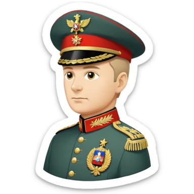 Russian military general in formal uniform with medals and epaulettes, turned slightly to the left, military hat, profile view sticker