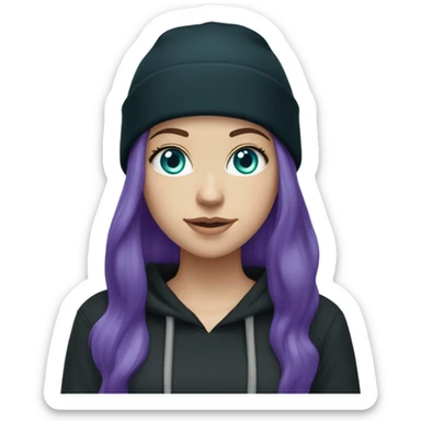 White girl, blue eyes, long teal hair, purple beanie hat, black hoodie, blue jeans, black shoes sticker