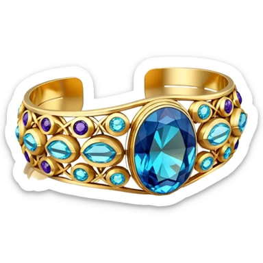 An isolated, Futuristic sparkling 4D rendering gemstone 14k gold cuff bracelet sticker