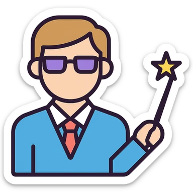 Convert this teacher with a magic stick icon to a color version, keeping the style clean and suitable for an educational app, with a friendly palette and no background. sticker