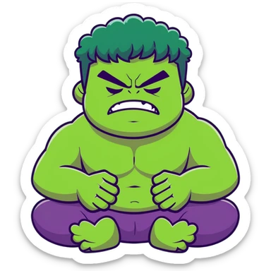 Hulk calming down, green superhero transitioning from angry to peaceful, breathing deeply, meditation pose, relaxing expression sticker