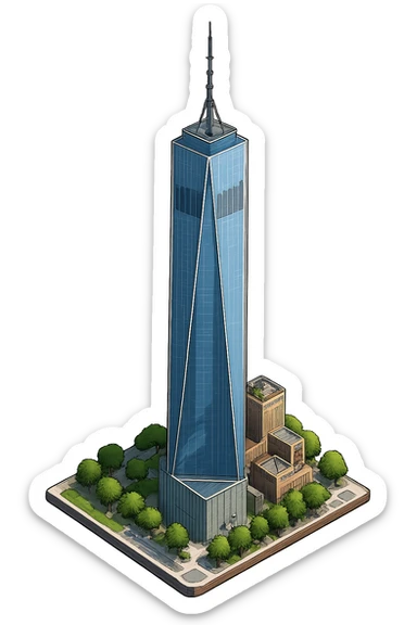 Изометричная, яркая, детализированная, объемная и фотореалистичная иллюстрация башни One World Trade Center. В стиле 3D-коллажей городов, насыщенные цвета, аккуратные и чёткие линии, мультяшно-реалистичная стилистика. Чёткие контуры, не размазанные линии, высокое качество, прозрачный фон, не обрезать края картинки sticker