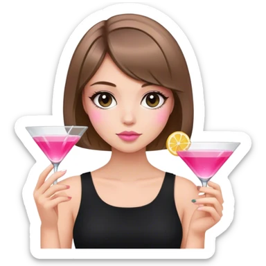 light brunette hair down bob girl black top holding a pink cosmo sticker