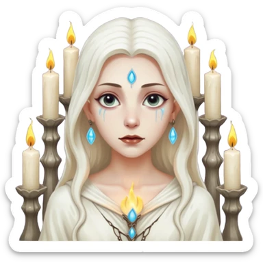 Pale sorceress lit by dozens of candles, wet skin glow, slow seductive gaze, dark fantasy cinema sticker