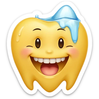 Yellow smiley face holding back tears with realistic watery eyes, and a big human tooth smile sticker