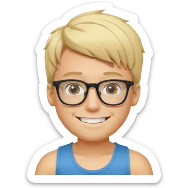 portrait of boy, wearing a tank top, square glasses, grinning face, blond hair sticker
