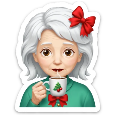 Old lady with crazy hair and christmas bow drinking coffee sticker