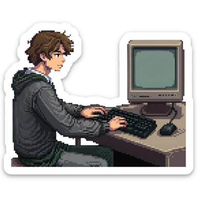 Young man sitting at an old school desktop computer with large monitor and keyboard sticker