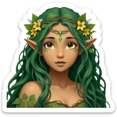 Cinematic Realistic Forest Nymph Fairy Portrait, depicted with lifelike, sun-kissed tanned skin that radiates an earthy glow, softly illuminated by natural, dappled light. Her long, flowing dark green hair is intricately detailed and interwoven with delicate vines and wildflowers, while her deep, soulful eyes mirror the wisdom of the forest. Dressed in an attire inspired by nature’s palette—with subtle botanical motifs—the portrait exudes a soft, enchanted glow that melds realism with woodland magic showing her large butterfly wings from her back. sticker