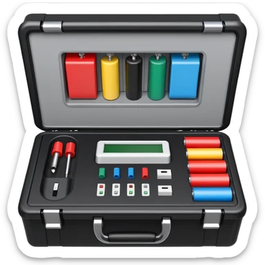 An open black hard-shell test case, inside: technical control panel, a power outlet, USB port, and colored test sockets. A large roll of white test labels lies next to the equipment, along with one red test probe. sticker