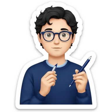 Young caucasian man with black wavy hair, round glasses, navy blue sweater, holding a pen, designer sticker