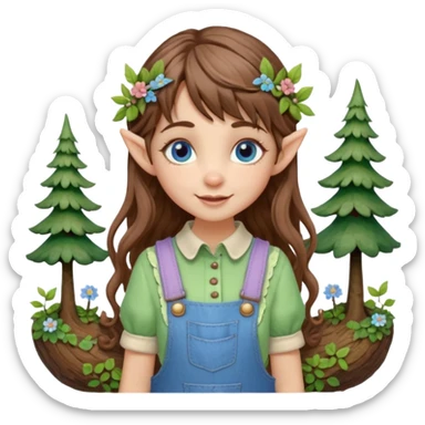 Kind happy whimsical quirky Girl toymaker, wood carving elf. Woodland nature creator. Blue eyes. brown hair (just below chin length) wavy hair & bangs. Whimsical playful cute. Overalls with nature embroidered cute shirt collar. Light green, light purple and light blue colour aesthetic  sticker