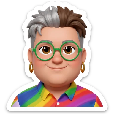 fat queer gender expansive lightskinned person with a double chin and a rounded square face shape assigned female at birth with short brown and silver mullet and bold green round glasses with almond shaped deep set brown eyes and a slight smile with bold dangly earrings and a colorful shirt sticker