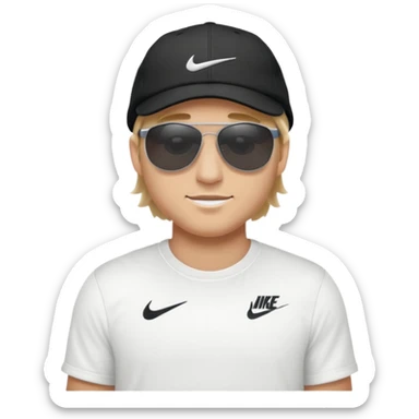 A guy wearing a white Nike shirt, a black Nike cap, and Juliet sunglasses. sticker