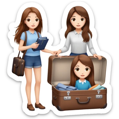 Two beautiful girls with long brown hair packing a suitcase,clean girl aesthetic sticker
