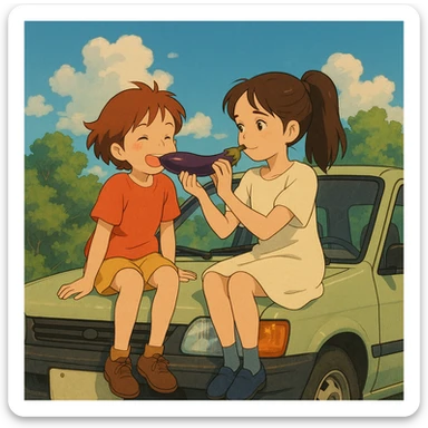 two girls eating an aubergine on the hood of a car, ghibli-inspired style sticker
