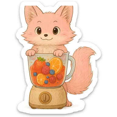 Regenerate as a visually clear, full-body Ghibli-style pastel pink blender fox. Show the entire fox from head to toe, including all four paws and the full blender base. Keep the high-quality, detailed, joyful look, with a transparent body filled with vibrant fruity smoothie, sparkling expressive eyes, and a sweet, joyful expression. Transparent background. sticker