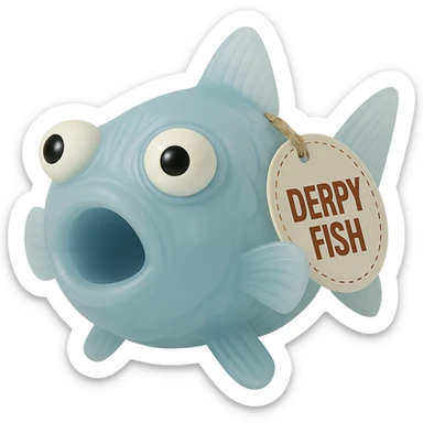 Add more shadow inside the fish so the mouth interior is more visible. Brighten the 'DERPY FISH' tag a little. Keep the body very transparent, semi-transparent blue plastic, derpy eyes, retro 90's toy look, hyper-detailed, soft plastic, soft reflections, soft and squishy, some cloudiness, not shiny, highly detailed, appealing. No background. The style should resemble a retro 90's soft plastic toy with a semi-transparent blue body and derpy eyes. sticker