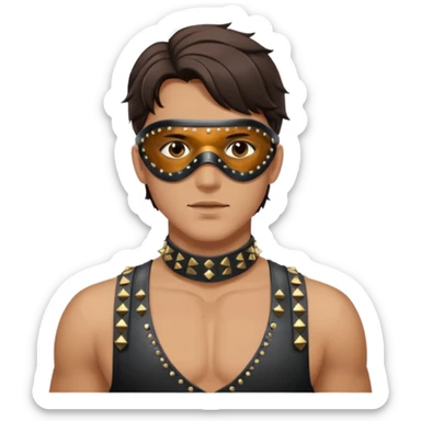 brunette man with leather eye mask and leather halter neck blouse sticker