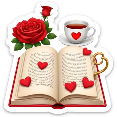 Icon for Romance Reading: an open book with a heart-shaped bookmark, surrounded by roses, a love letter, and a cup of tea, with small hearts and Cupid with bow and arrows flying out of the pages. Transparent background. sticker
