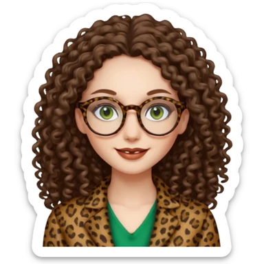 a green eyed woman with very very long brunette curly hair, full lips,and pale skin. She is wearing a leopard printed thin round-ish glasses . She is wearing fully brown clothes. She is gretting smiling sticker