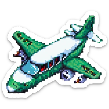 airplane with crocodile mouth open as cockpit, pixel art style sticker