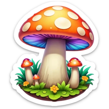 A round psychedelic colored button with bezeled edges and colorful hippie style mushrooms sticker