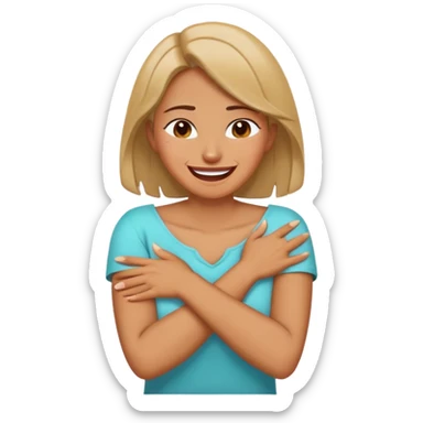 A woman having her arms crossed hands around neck and laughing/cryong sticker