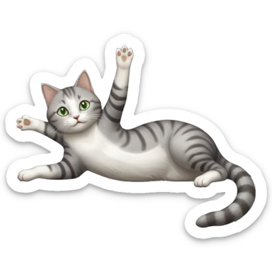 grey and white cat with green eyes doing a big extremely long stretch reaching up into the air with arms and legs side by side together straight and overextended whilst lying on its side sticker