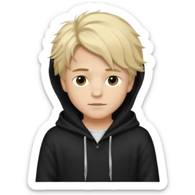 Create a look for a blond boy with long, tousled hair, light eyes, a white sweater, a wealthy appearance, blue eyes, and the hair to the side + black pajama fluffy + hood black sticker