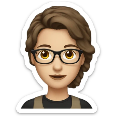 A White woman with medium dark brown hair wearing a brown glasses and black t-shirt sticker