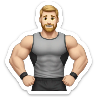 Close up Actively gesturing  with hands Pale skinned Fit Man With the biceps and brown hair in dark gray Sleeveless Mike, black oversize sports shorts, watch and white Sneakers sticker