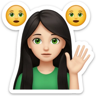 Animated girl dark long hair green eyes emoji with duh facial expression ,one hand on top of her head sticker