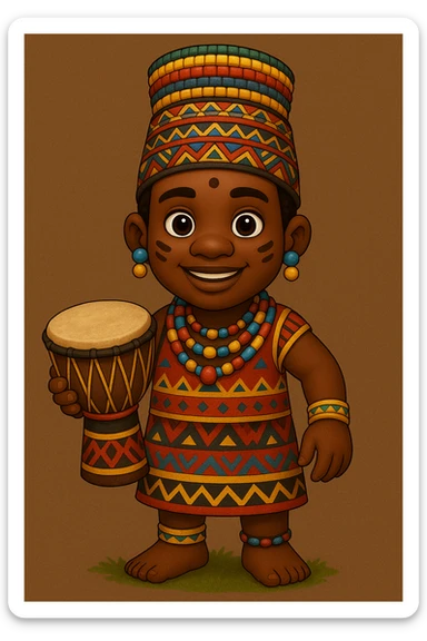 Create the same character as in the reference image but dressed in traditional African tribal attire, holding a drum, with a friendly expression, full body view. Maintain the character's original style and features. sticker
