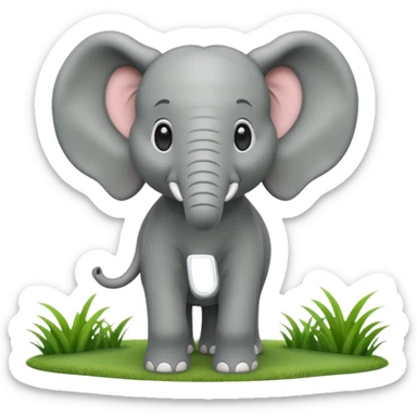 A large 3D cartoon elephant standing on green grass, smooth gray skin, big ears, curved trunk raised slightly, gentle smile, bright natural sunlight, Memoji-style. sticker