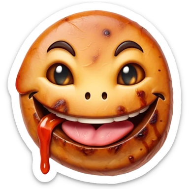 A cinematically realistic emoji with depicted as marinated meat, grilled to perfection, with a rich smoky texture and dynamic mouth-watering lighting. sticker