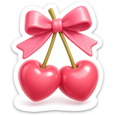 Create a 3D iOS-style illustration of two pink cherries with a pink bow. The cherries and bow should be extra shiny and reflective, with a subtle shadow. The background should be removed. sticker