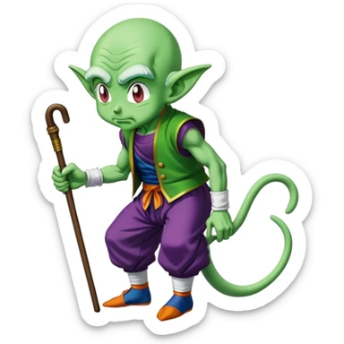 Piccolo from Dragon Ball looking like an old man hunched over using a cane sticker