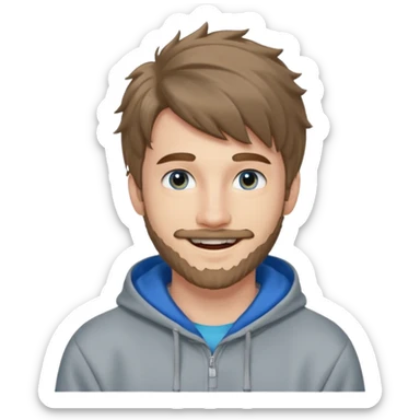 20 year old man, short scruffy beard and thin moustache, brown puffy mullet, blue eyes, big smile, white teeth, big lips, pronounced jaw, hair longer in back, sticking up on top, thin face, grey hooded sweatshirt, pale skin, big smile, blue eyes, puffy hair that is long in back sticker