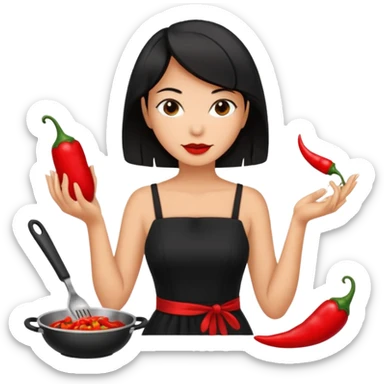black short shoulder length hair tanned woman, black dress cooking, holding chili pepper sticker