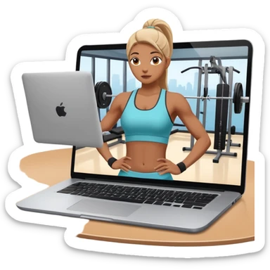 Open laptop on a dark background, showing a fitness trainer inside a modern professional gym on the screen— smooth rounded edges, soft lighting, no text or logos, minimalistic and high-quality rendering. Only the laptop is visible, centered sticker