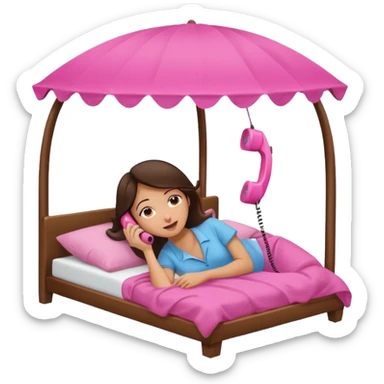 brunette woman laying on a canopy bed, holding a pink telephone to her ear, relaxed expression sticker